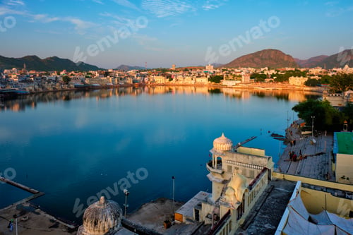 Preview: View of famous indian sacred city Pushkar with Pushkar ghats. Rajasthan, India