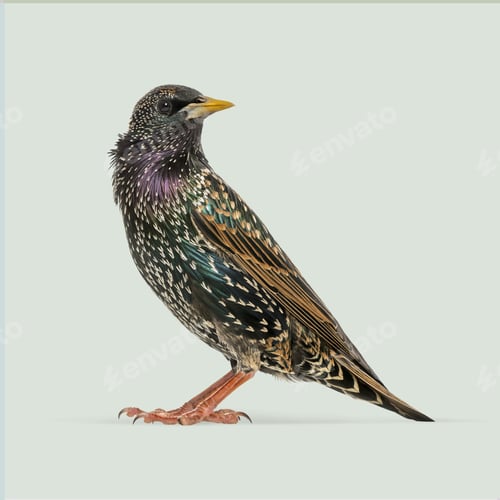 Preview: Full body of a colorful common starling standing on a light green background, looking to the right