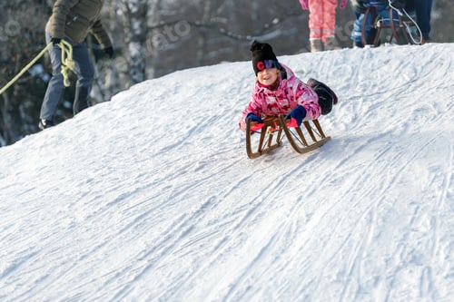 Preview: Happy Little girl kid portrait wear hat text CUTE enjoy having fun sledding vintage wooden sledge on