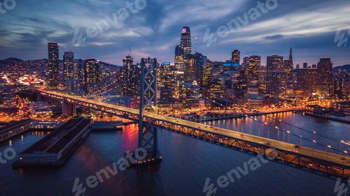 Preview: Aerial Cityscape view of San Francisco and the Bay Bridge at Nig