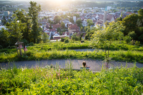 Preview: Woman relaxing in the city of Ravensburg, picture taken at the Veitsburg.