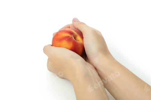 Preview: Female hands hold peach fruit, isolated on white background