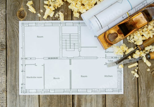 Preview: Joiner's works. Drawings for building and working tools on wooden background.