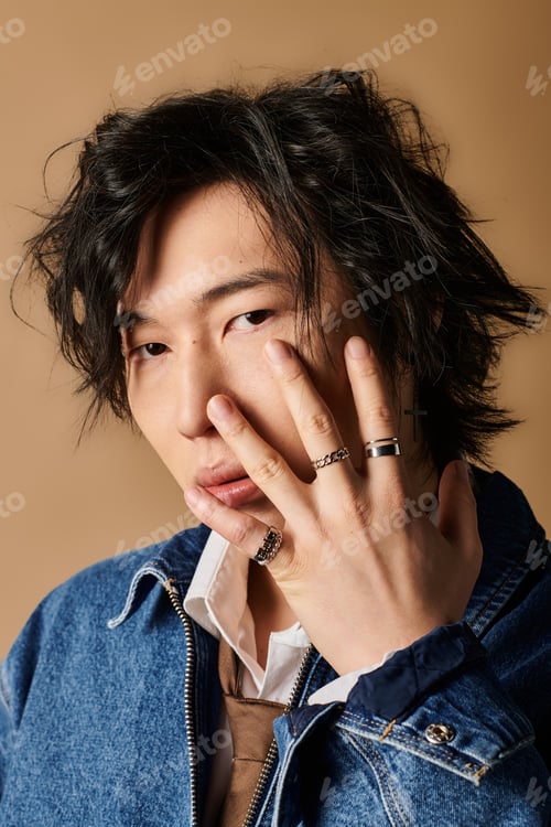 Preview: Stylish asian man showcases spring fashion in a modern studio environment