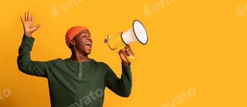 Preview: Big Sale Announcement. Portrait Of Cheerful Black Guy With Megaphone In Hands