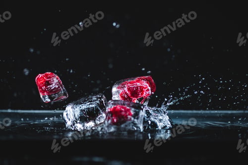 Preview: fallen ripe frozen fruits in transparent ice cubes and splashing water on black