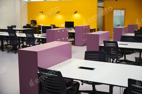 Preview: Office with tables standing in lines and chairs near them