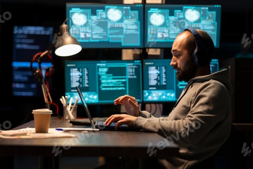 Preview: Adult programmer with headphones tackling cybersecurity challenges