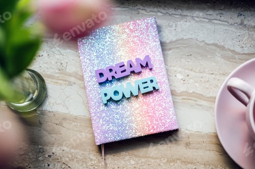 Preview: Big dream word on pop color rainbow unicorn shiny notepad and tulips on wooden