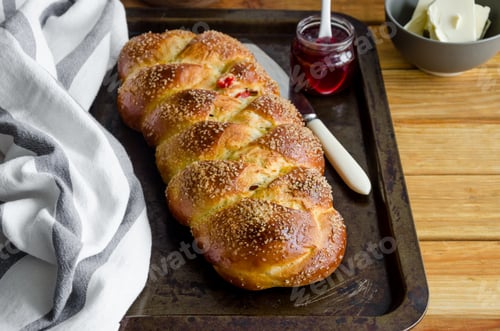 Preview: Easter bread with raisins, dried cherries, jam and butter. Cozonac - Bulgarian Easter bread