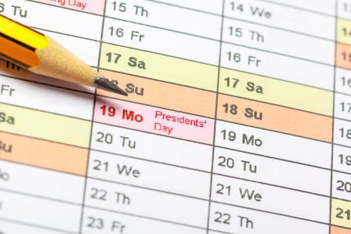 Preview: Calendar page shows Presidents' Day marked in red on February 19
