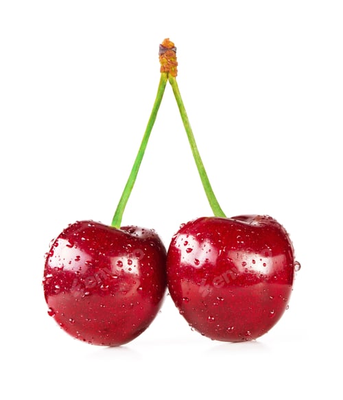 Fresh Red Cherries With Green Stems and Water
