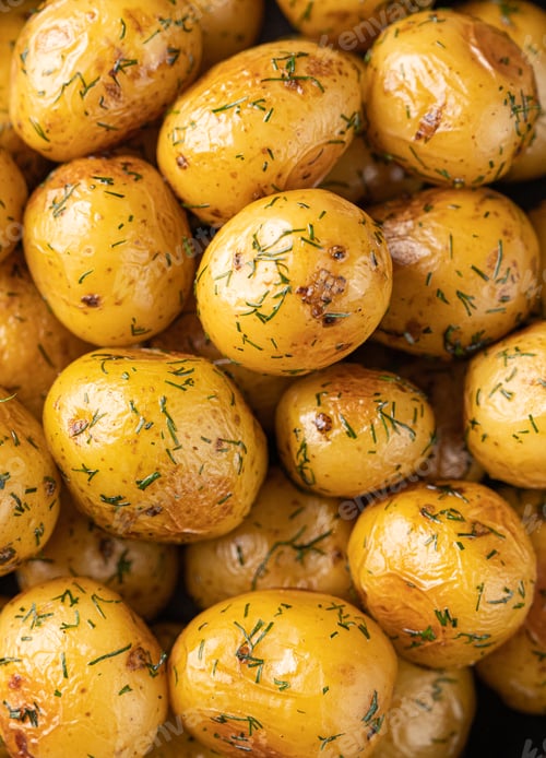Preview: Background of golden fried baby potatoes close-up.