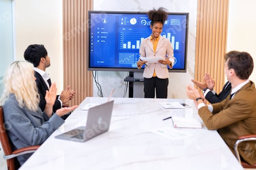Preview: Employee on job corporate Business colleagues around the table look presentation from large screen