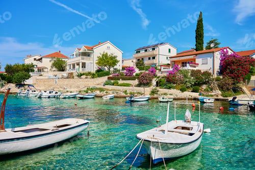 Preview: Boats Docked Near Beautiful Houses With Lush Gardens in Rogoznica, Croatia