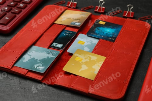 Preview: Credit cards in red wallet on black table, closeup