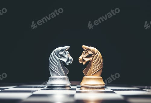 Chess Knights Face Off on Dark Checkered Board