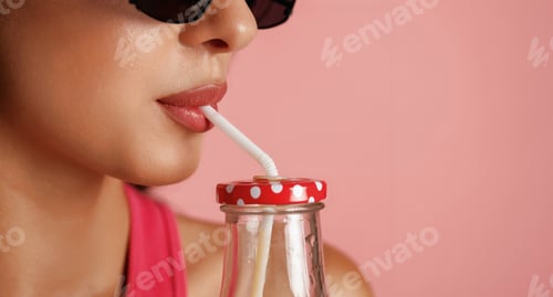 Preview: Fresh drink. Beautiful young woman is against background