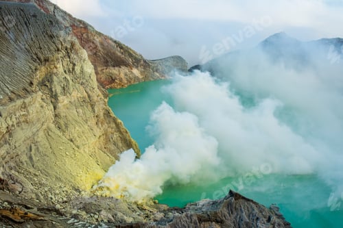 Preview: Lake and Sulfur Mine at Khawa Ijen Volcano Crater, Java Island, Indonesia