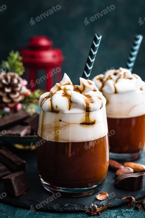 Preview: Hot chocolate with whipped cream. Chocolate drink and Christmas decorations