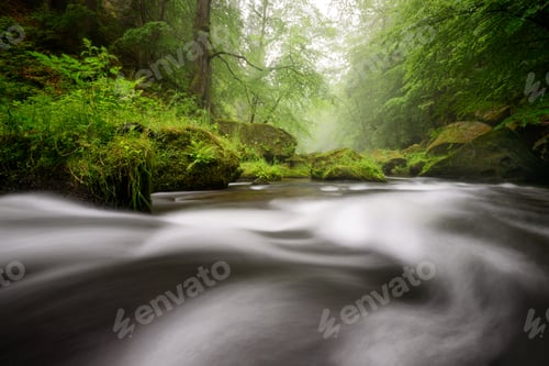 Preview: Rainy autumn river at Edmund Gorge of Bohemian Switzerland National Park, Czech republic.