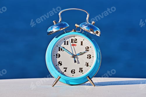 Preview: Blue alarm clock against sea background as spring forward and daylight saving concept