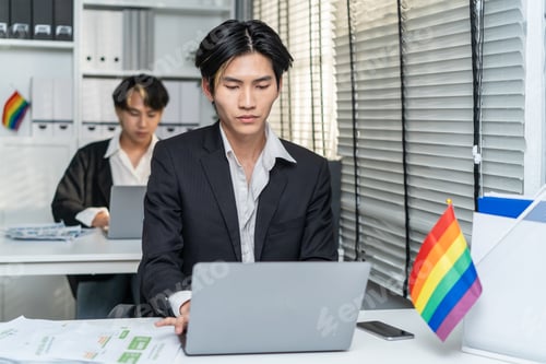 Preview: Asian handsome businessman gay people working in office with happiness.