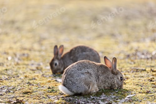 Preview: Wild Rabbit Resting Peacefully on Mossy Ground in Soft Natural Light Outdoors.