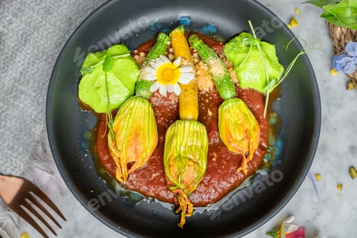 Preview: a black plate filled with food on top of a white counter