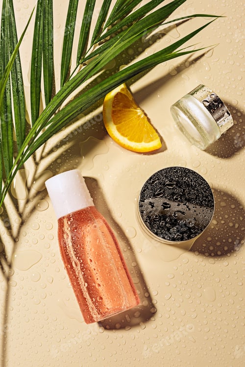 Preview: flat lay with skin care products, green palm leaf and orange slice with water drops on beige