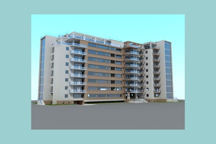 Vista previa: Edificio de apartamentos de gran altura con balcones y andamios