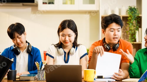 Preview: A group of young Asian college friends sitting on sofa at home,watching laptop,enjoying cheerful