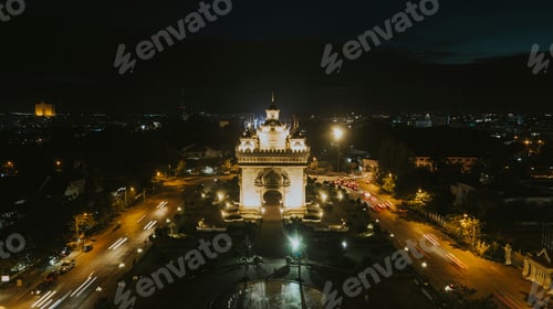 Preview: Drone photograph of Patuxai, War Arch Monument in Vientiane Laos.