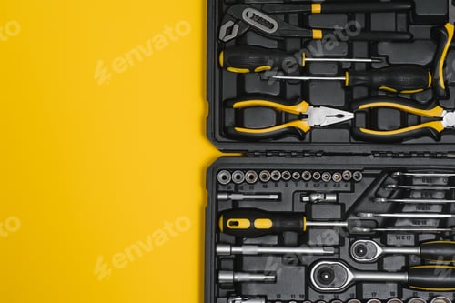 Preview: Box with set of tools for car repair, closeup.