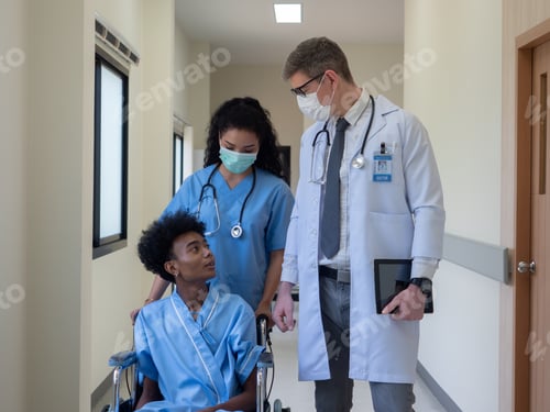 Preview: At hospital walkway doctor meet patient on wheelchair tell him for soon discharge from hospital
