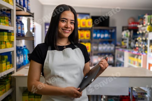 Preview: Woman in apron smiling, holding a tablet in a small business auto parts store