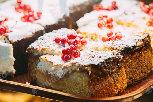 Preview: Fresh Sweet Cakes With Red Currant Berries In Pastry Shop Glass Display