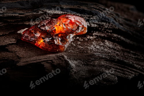 Preview: Natural amber. A piece of yellow and red semi transparent natural amber on piece of stoned wood