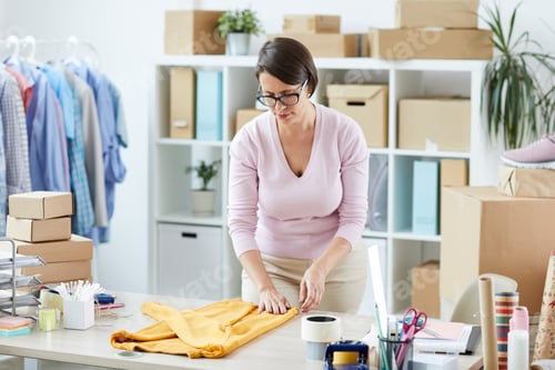 Preview: Young casual female bending over desk while folding cotton pullover