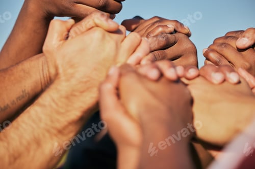 Preview: Closeup, teamwork and people holding hands, cooperation and support with empowerment. Diversity, gr