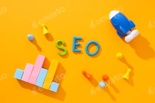 Preview: Diagram, toy rocket and letters on yellow background, top view
