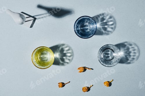 Preview: Top view of three glasses of water surrounded by group of small dry flowers