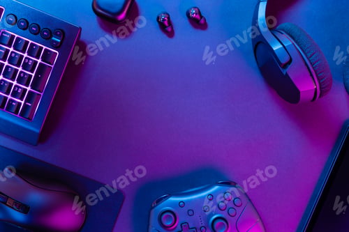Preview: Illuminated desk with various modern wireless gadgets