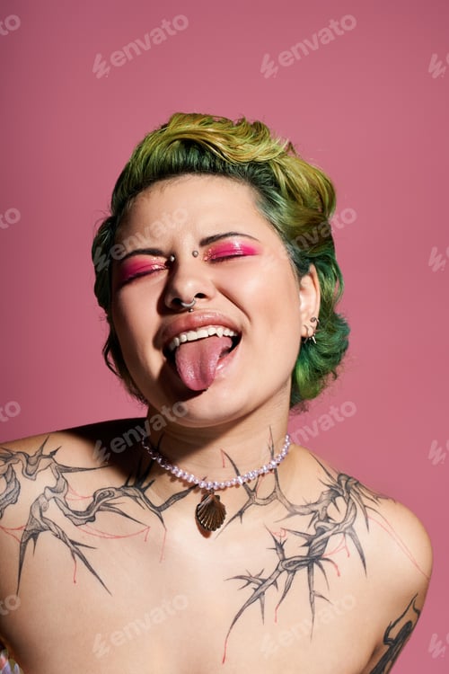 Preview: Vibrant style and bold expression from a young woman against a pink backdrop in a lively setting