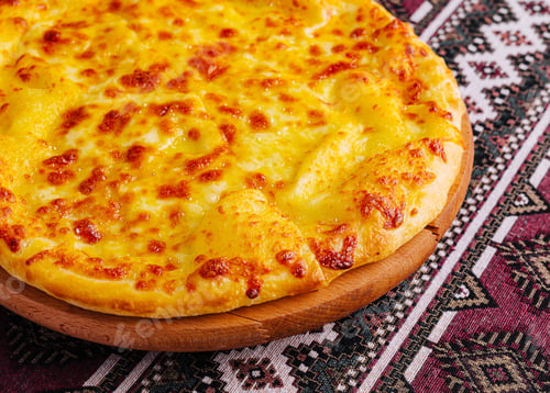 Preview: Delicious cheese pizza on traditional tablecloth