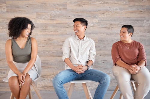 Preview: Diversity, people and sitting on chair in queue, excited job interview or recruitment meeting, comm