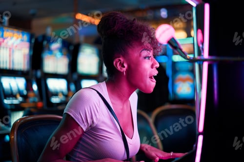 Preview: woman having fun playing slot machine at casino