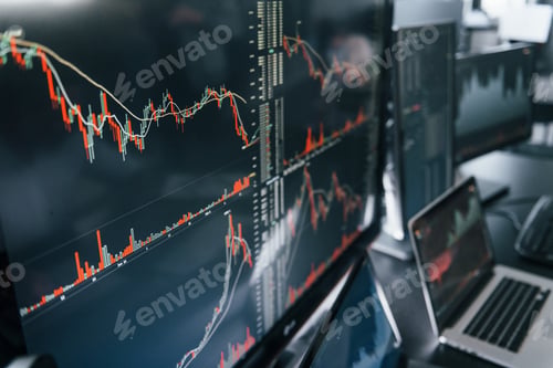 Preview: Close up view of computer display. Many of stock graphs. Modern digital money
