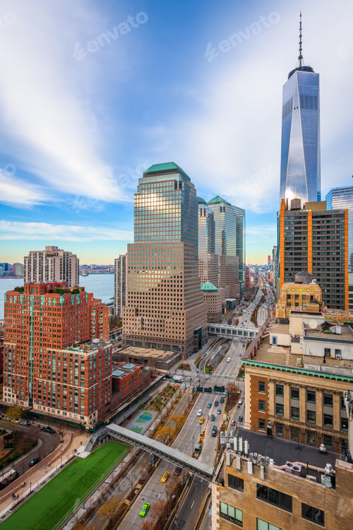 Preview: New York, New York, USA financial district cityscape over the West Side Highway