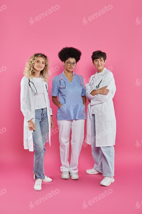 Preview: generations, medical colleagues, female oncologists, breast cancer awareness concept, campaign